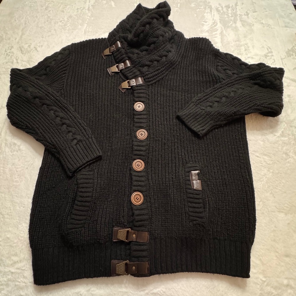 Vercini Men 3XL Black Wool Blend Cable Knit Buckle Button Front Cardigan Sweater
